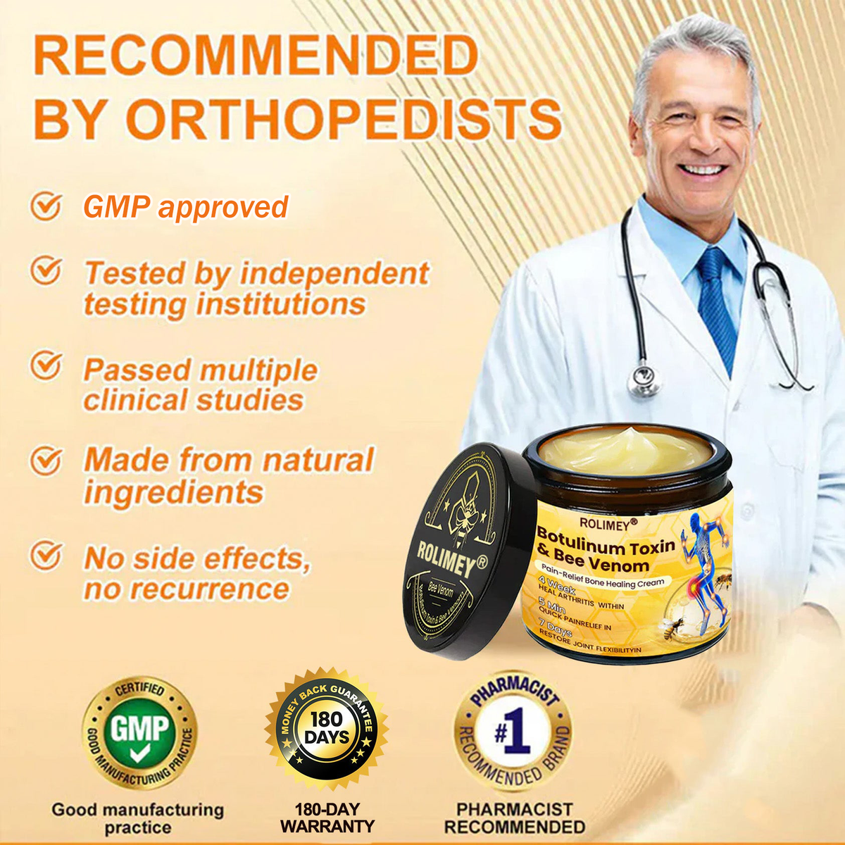 🎁🎁Official Shop:Rolimey® Bee Venom Pain Relief Bone Healing Cream 👨‍⚕️(Reduction of joint swelling, pain, stiffness, redness, heat, muscle soreness and joint fatigue)