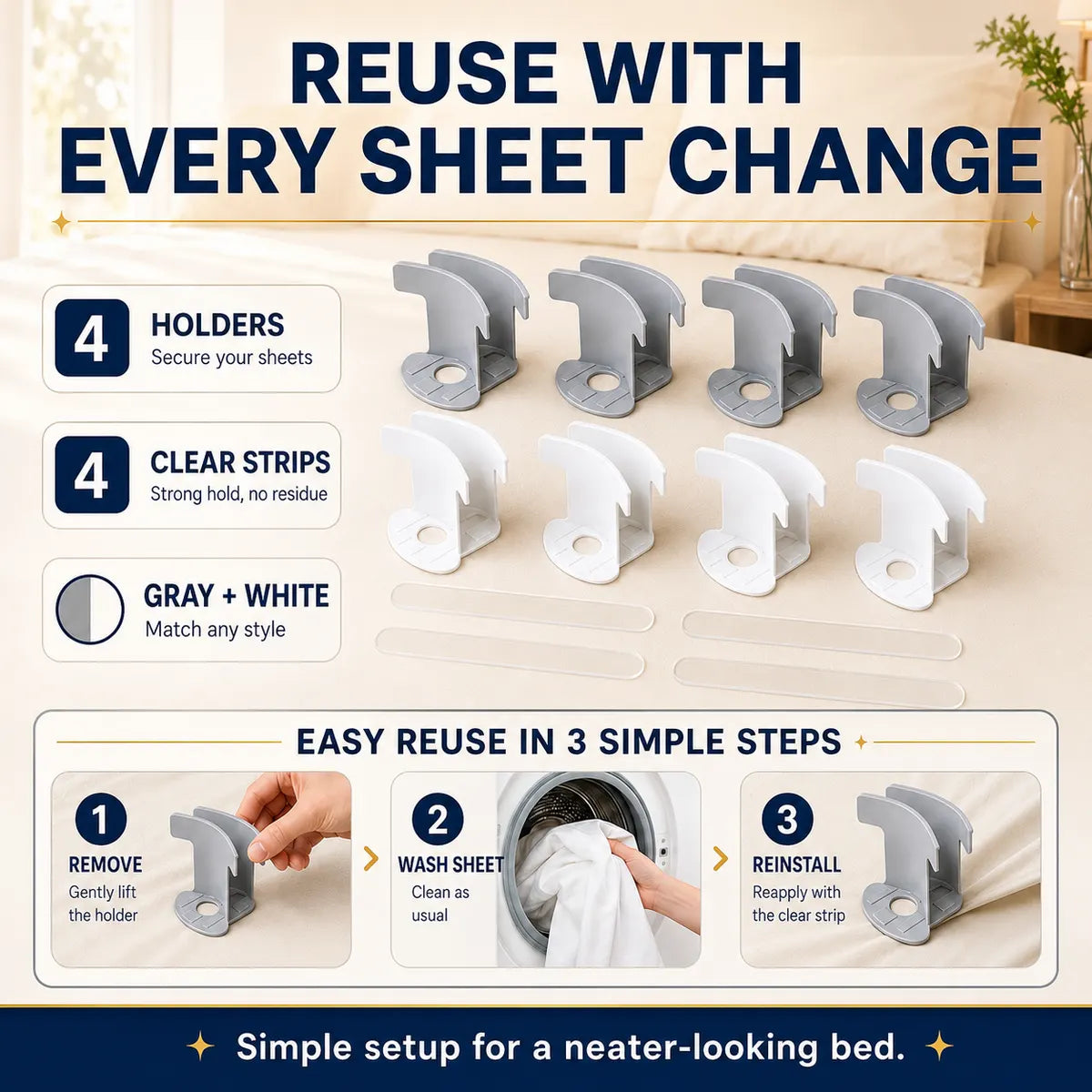 🛏️ No-Slip Bed Sheet Holders | Invisible 4 Corner Fasteners Keep Your Sheets Perfectly in Place