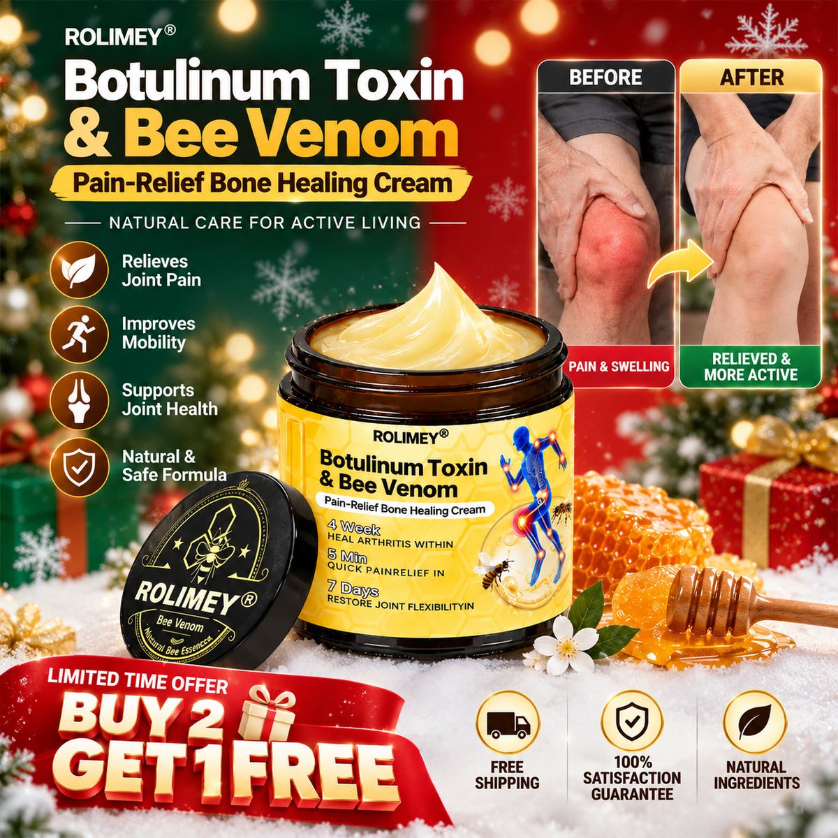 🎁🎁Official Shop:Rolimey® Bee Venom Pain Relief Bone Healing Cream 👨‍⚕️(Reduction of joint swelling, pain, stiffness, redness, heat, muscle soreness and joint fatigue)