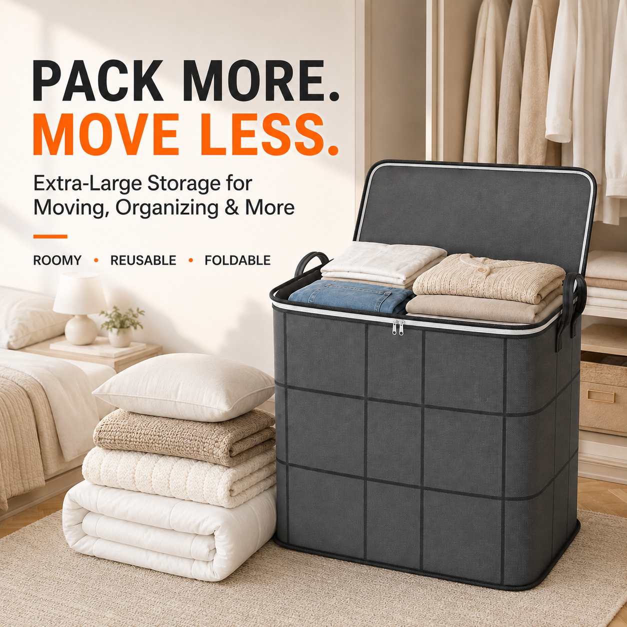Storage Bag for Clothes & Bedding clutter, blankets, and seasonal clothes in one roomy bag