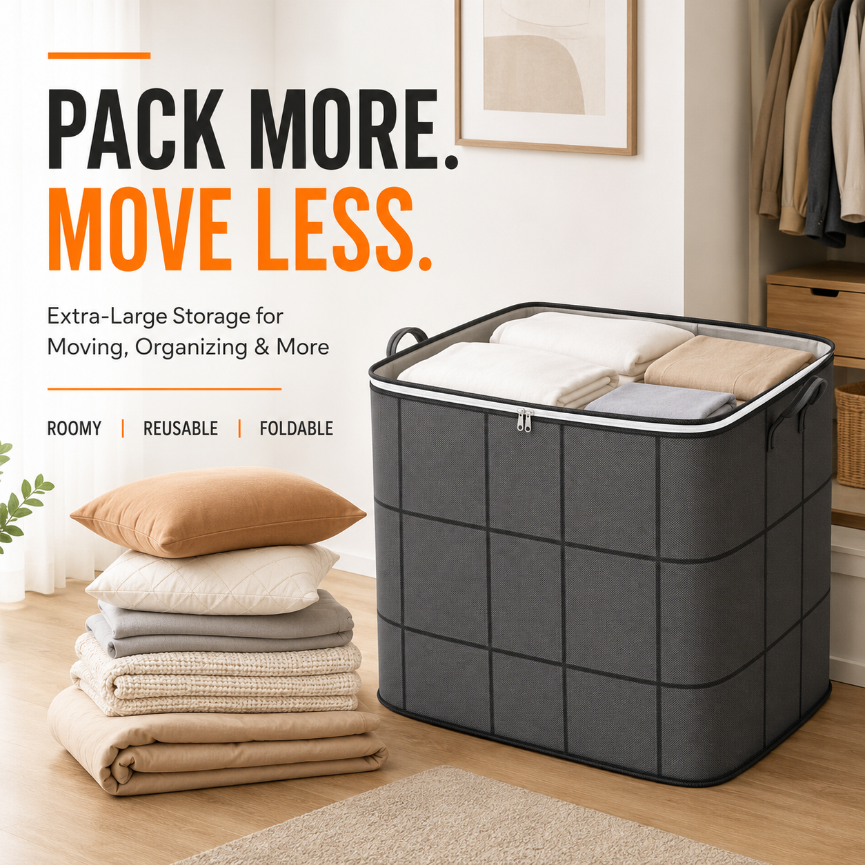 Storage Bag for Clothes & Bedding clutter, blankets, and seasonal clothes in one roomy bag