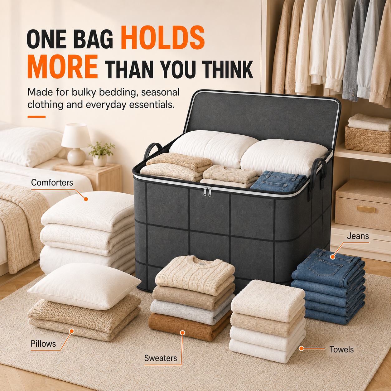 Storage Bag for Clothes & Bedding clutter, blankets, and seasonal clothes in one roomy bag