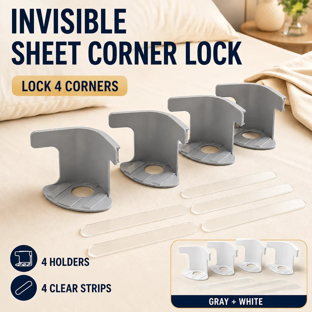 🛏️ No-Slip Bed Sheet Holders | Invisible 4 Corner Fasteners Keep Your Sheets Perfectly in Place