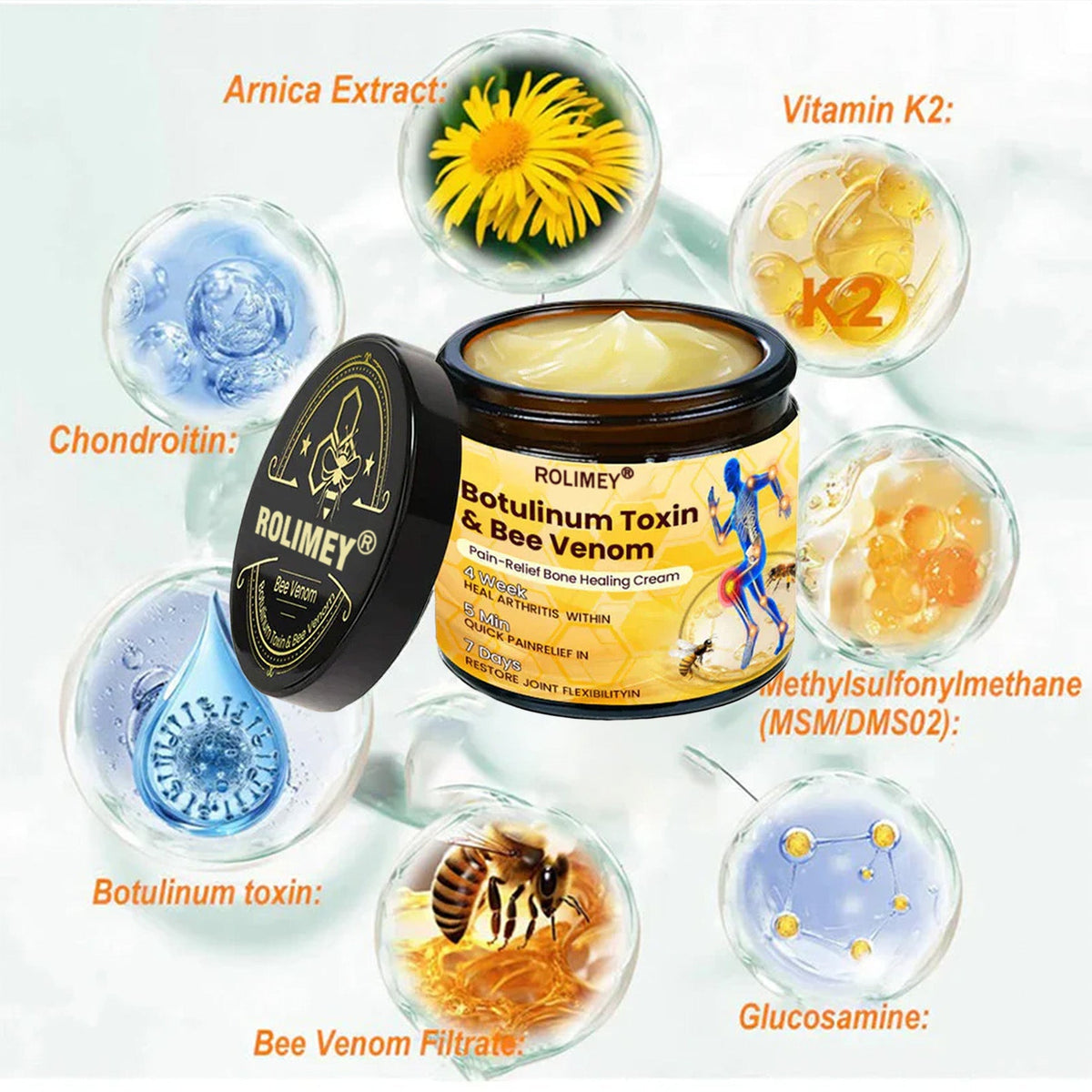🎁🎁Official Shop:Rolimey® Bee Venom Pain Relief Bone Healing Cream 👨‍⚕️(Reduction of joint swelling, pain, stiffness, redness, heat, muscle soreness and joint fatigue)