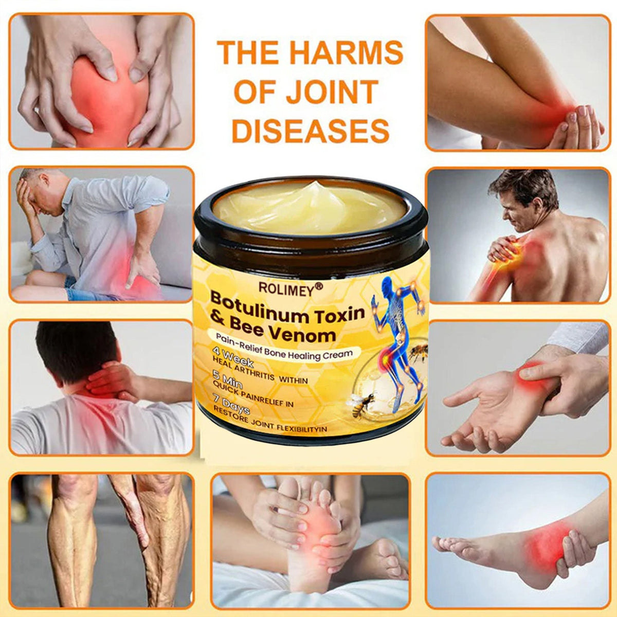 🎁🎁Official Shop:Rolimey® Bee Venom Pain Relief Bone Healing Cream 👨‍⚕️(Reduction of joint swelling, pain, stiffness, redness, heat, muscle soreness and joint fatigue)