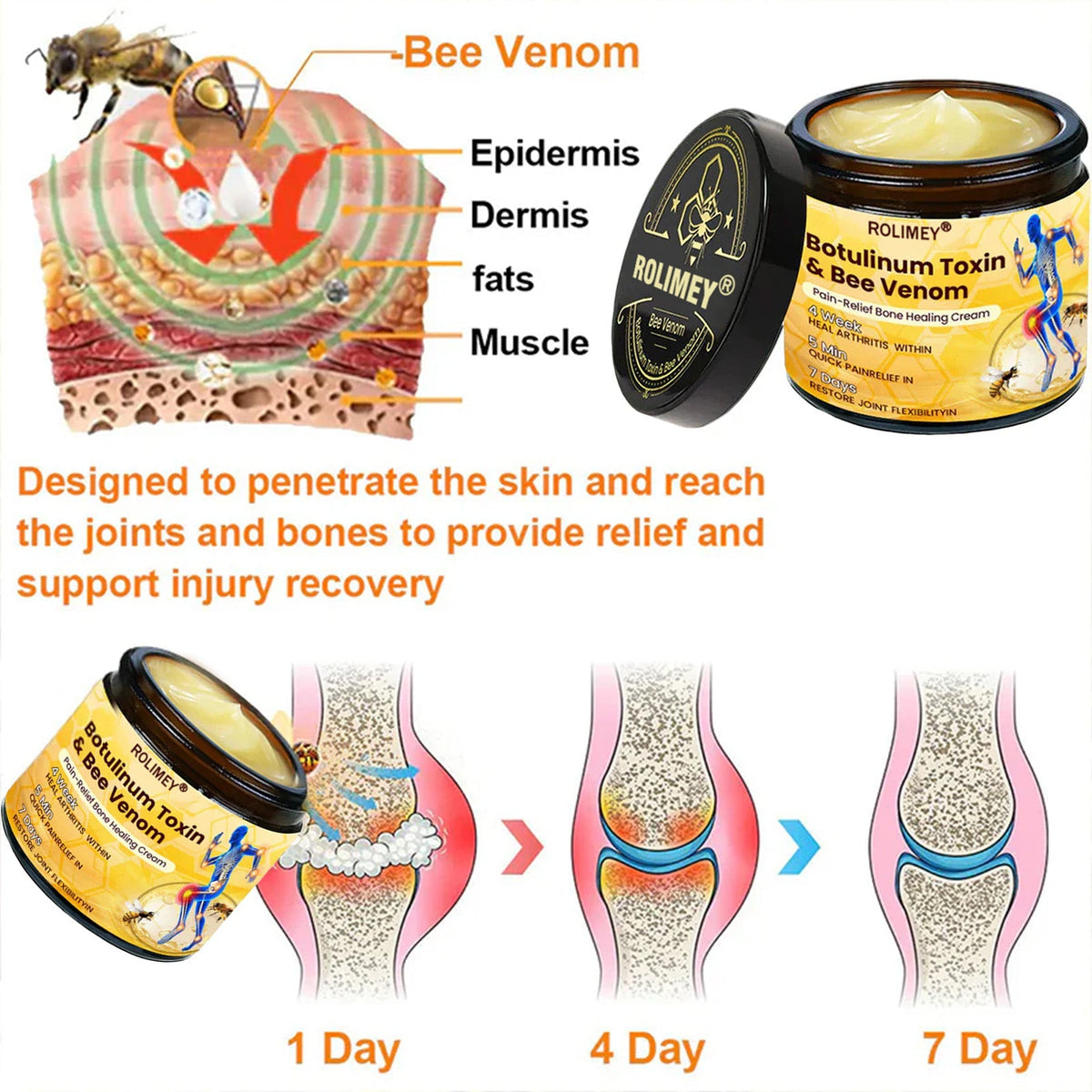 🎁🎁Official Shop:Rolimey® Bee Venom Pain Relief Bone Healing Cream 👨‍⚕️(Reduction of joint swelling, pain, stiffness, redness, heat, muscle soreness and joint fatigue)