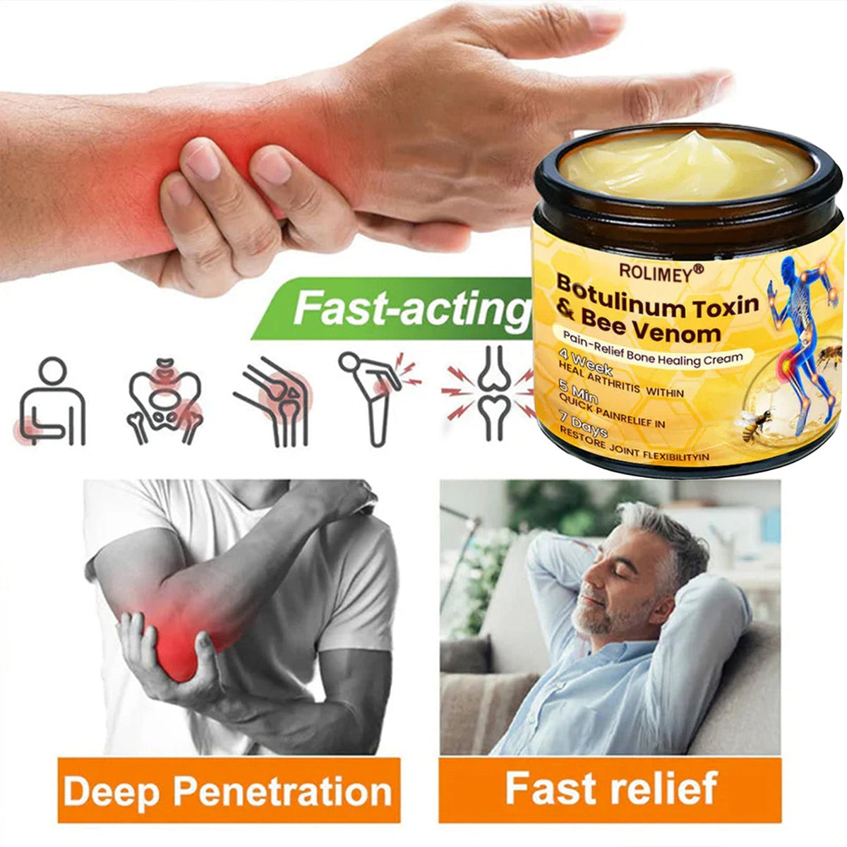 🎁🎁Official Shop:Rolimey® Bee Venom Pain Relief Bone Healing Cream 👨‍⚕️(Reduction of joint swelling, pain, stiffness, redness, heat, muscle soreness and joint fatigue)