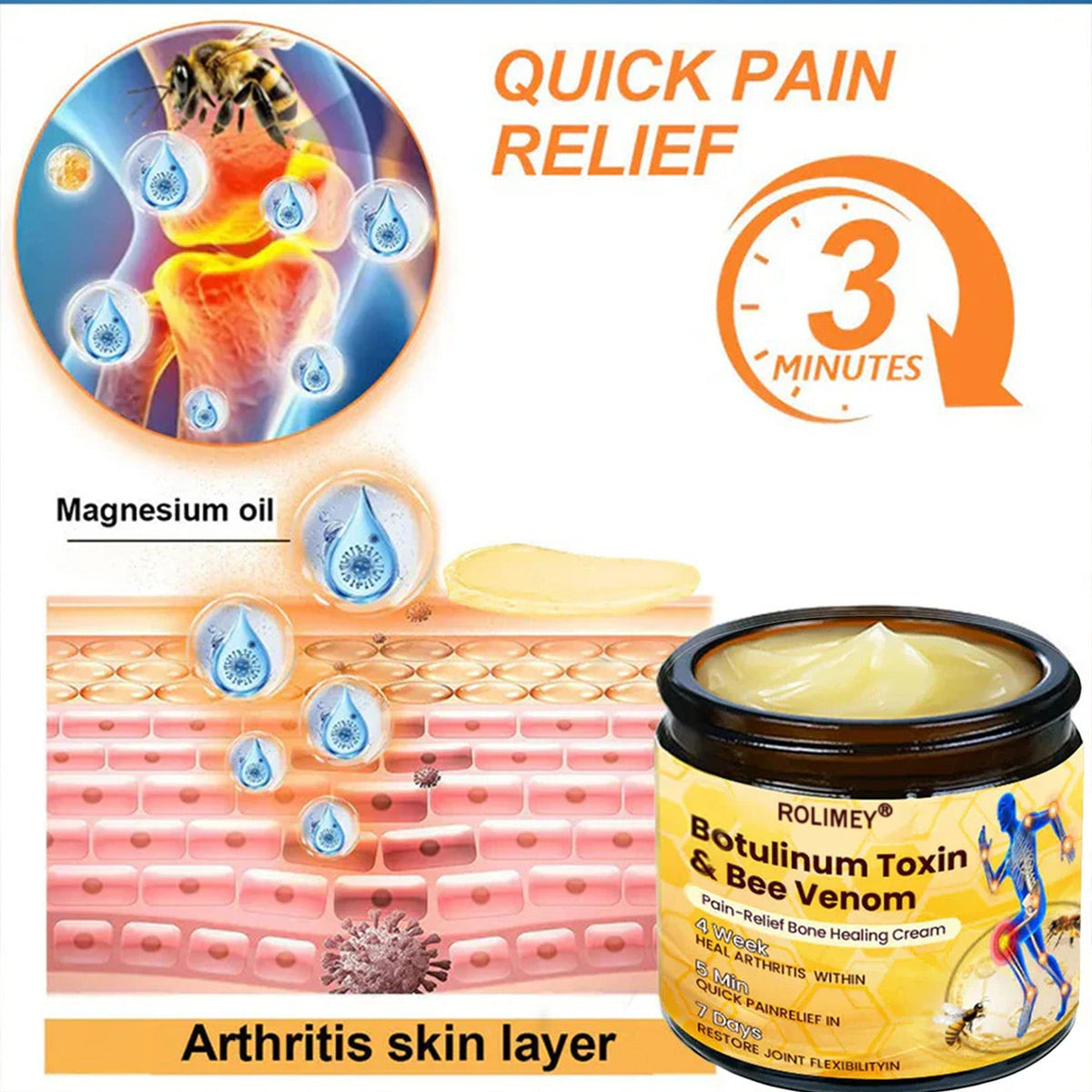 🎁🎁Official Shop:Rolimey® Bee Venom Pain Relief Bone Healing Cream 👨‍⚕️(Reduction of joint swelling, pain, stiffness, redness, heat, muscle soreness and joint fatigue)